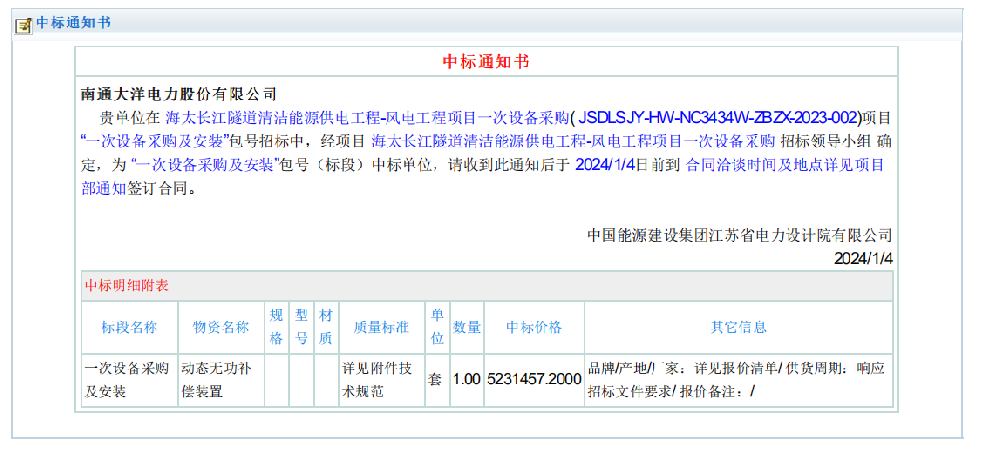 海太长江隧道清洁能源供电工程风电工程EPC总承包项目一次设备（2024年）